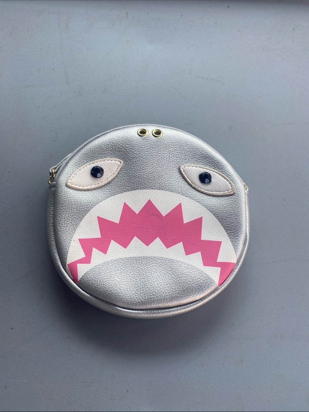 Betsey Johnson Silver Round Shark Face Clutch with Pink Accent